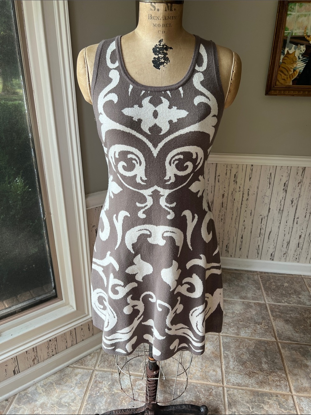 Pink Rose Strapless Brown & White Patterned Knit Dress